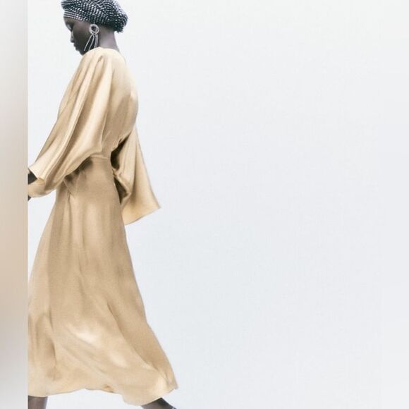 Zara Satin Gold Midi Knot Dress New - Picture 10 of 12